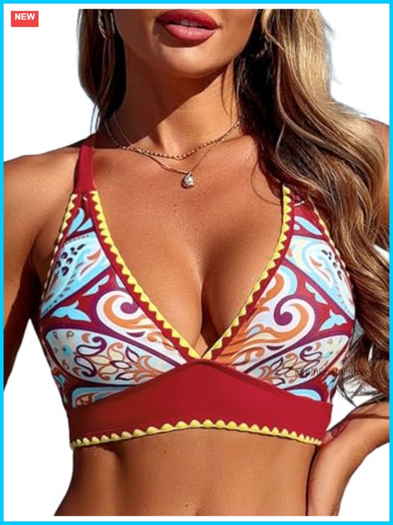 V Neck Bikini Top Colorblock Push Up Lace Up Criss Cross Bathing Suit Top